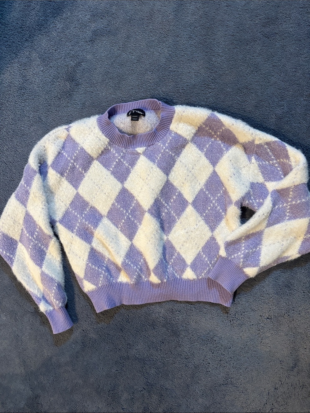Girls Cozy Lavender Argyle Crewneck Sweater